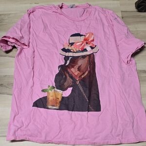 KY Derby Pink Horse Graphic Tee with Hat and Drink